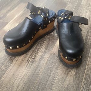 Sacai leather wooden clog wedge heels